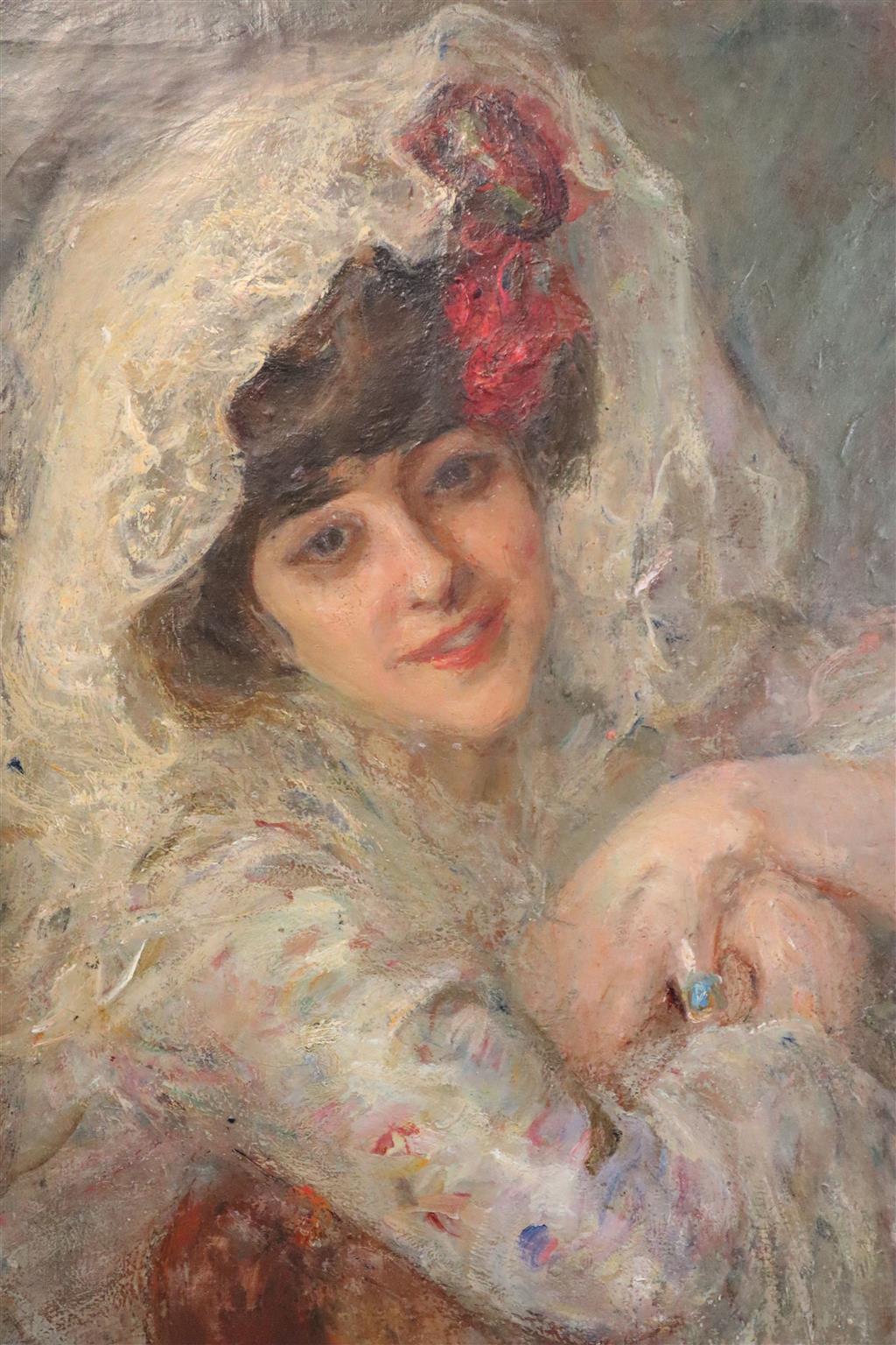 Albert de Belleroche (1864-1944) Portrait of a woman wearing a lace veil 27 x 22.25in., unframed